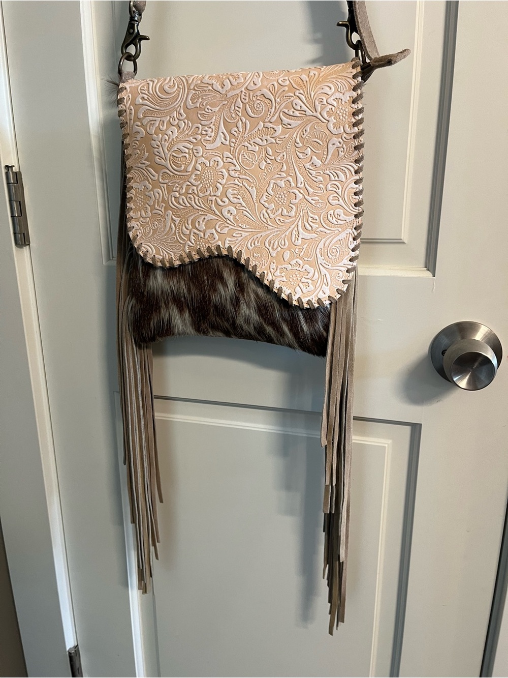 Myra Bag Pink Embossed Floral Leather & Brown Fur Crossbody with Fringe - Picture 3 of 6
